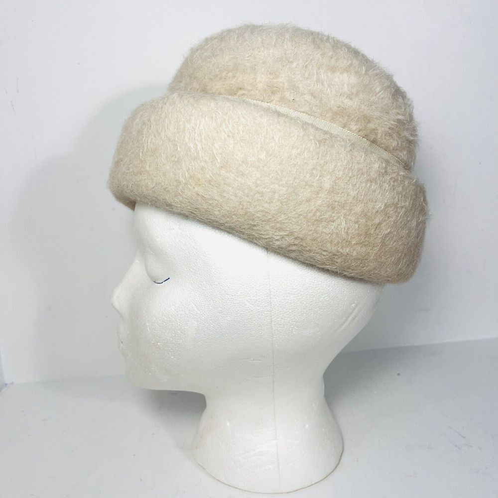 Vintage 1950s Merri Soie Merrimac Cream Ivory Bowler Bucket Hat Faux Felted Fur - Picture 3 of 9